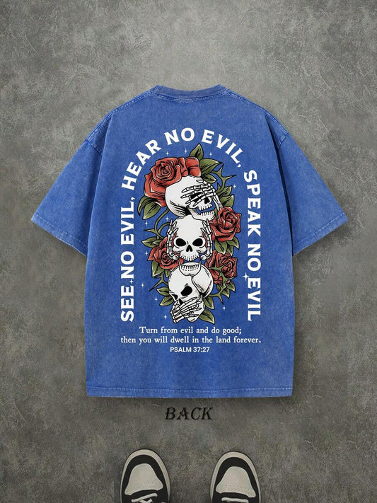 See No Evil Hear No Evil Speak No Evil Psalm Retro Washed T-Shirt | Double-Sided Letter & Pattern Print 230 GSM Heavyweight Cotton Men's Street Tee