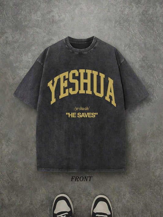 Yeshua He Saves Retro Washed T-Shirt | Single-Sided Letter & Pattern Print 230 GSM Heavyweight Cotton Men's Street Tee