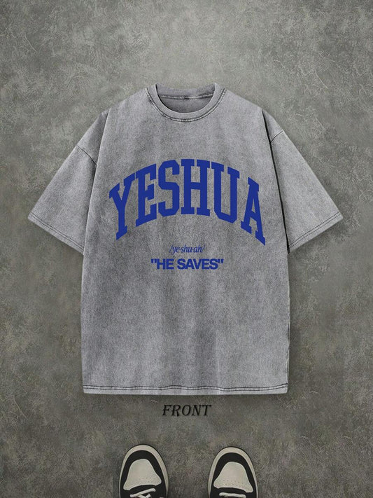 Yeshua He Saves Retro Washed T-Shirt | Single-Sided Letter & Pattern Print 230 GSM Heavyweight Cotton Men's Street Tee