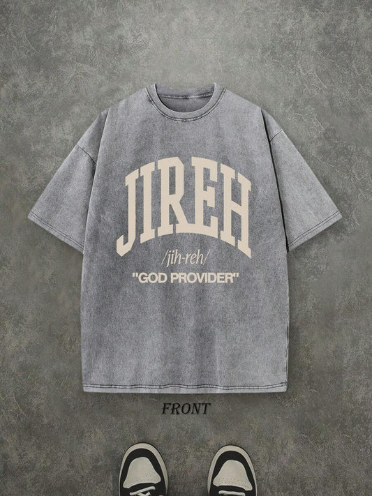 Jireh God Provider Retro Washed T-Shirt | Single-Sided Letter & Pattern Print 230 GSM Heavyweight Cotton Men's Street Tee