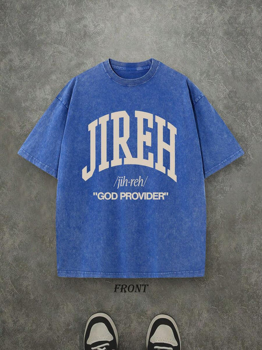 Jireh God Provider Retro Washed T-Shirt | Single-Sided Letter & Pattern Print 230 GSM Heavyweight Cotton Men's Street Tee