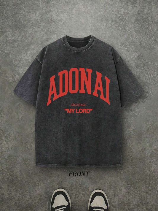 Adonai My Lord Retro Washed T-Shirt | Single-Sided Letter & Pattern Print 230 GSM Heavyweight Cotton Men's Street Tee