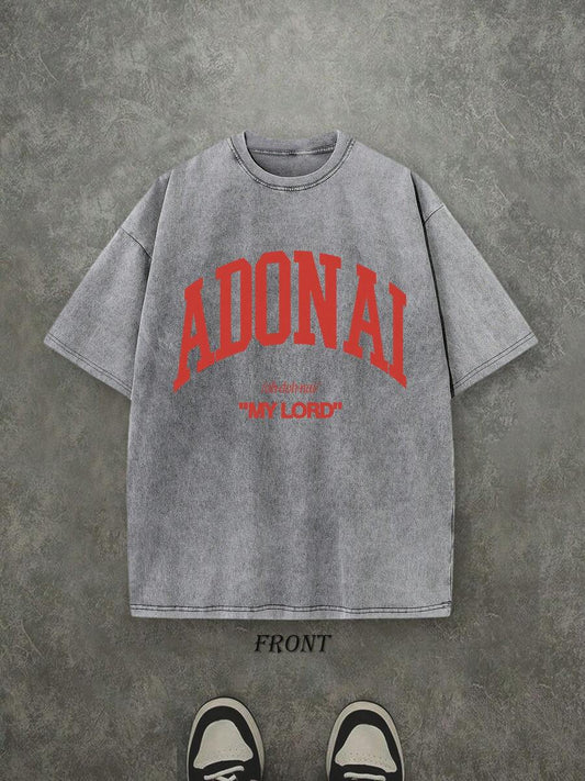 Adonai My Lord Retro Washed T-Shirt | Single-Sided Letter & Pattern Print 230 GSM Heavyweight Cotton Men's Street Tee
