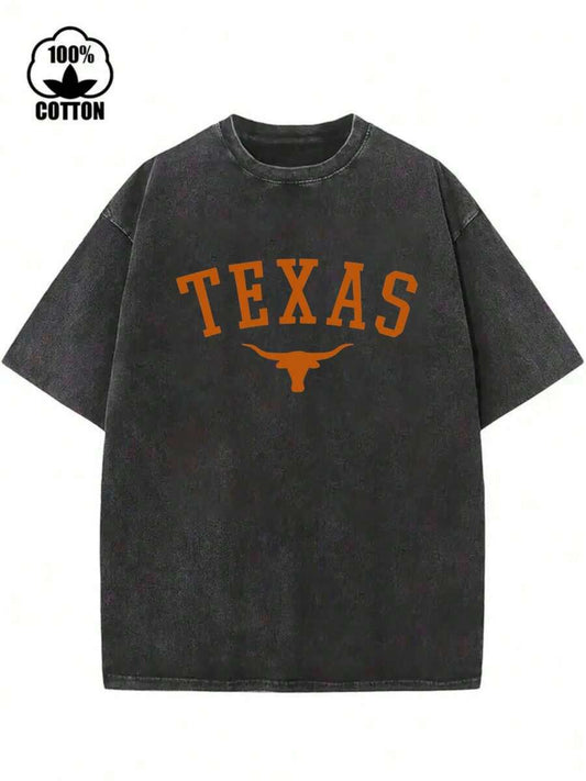 Vintage Texas Longhorn Print Washed T-Shirt | Men's Distressed Round Neck Short Sleeve Casual Summer Western Top