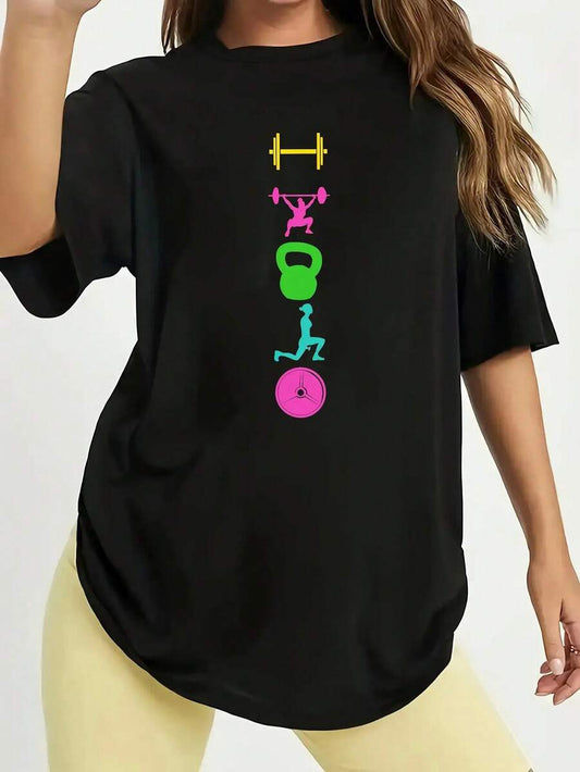 Gym Fitness Series Colorful Dumbbell Print T-Shirt | Women's Plus Size Relaxed Polyester Crew Neck Short Sleeve Casual Spring Summer Top