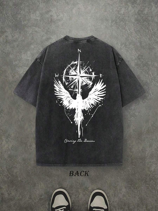 Compass And Eagle Retro Washed T-Shirt | Double-Sided Letter & Compass Pattern Print 230 GSM Heavyweight Cotton Men's Street Tee