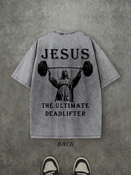 Jesus The Ultimate Deadlifter Retro Washed T-Shirt | Double-Sided Letter & Fitness Pattern Print 230 GSM Heavyweight Cotton Men's Street Tee