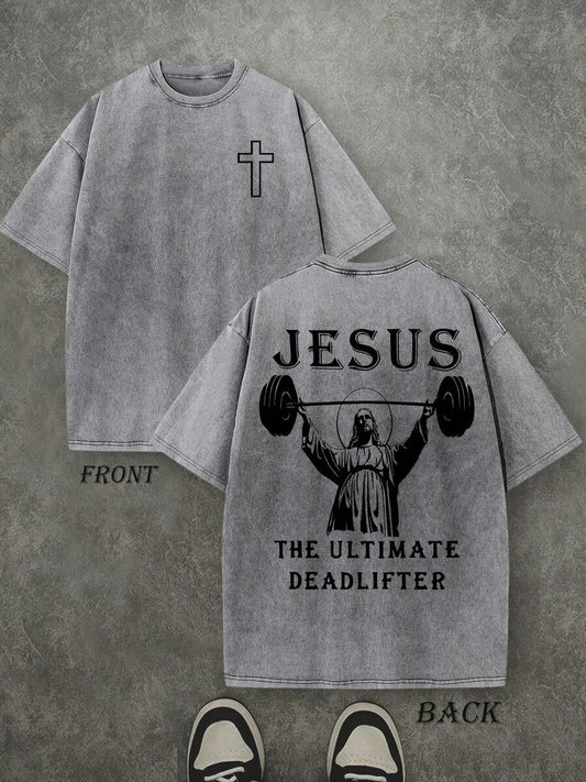 Jesus The Ultimate Deadlifter Retro Washed T-Shirt | Double-Sided Letter & Fitness Pattern Print 230 GSM Heavyweight Cotton Men's Street Tee