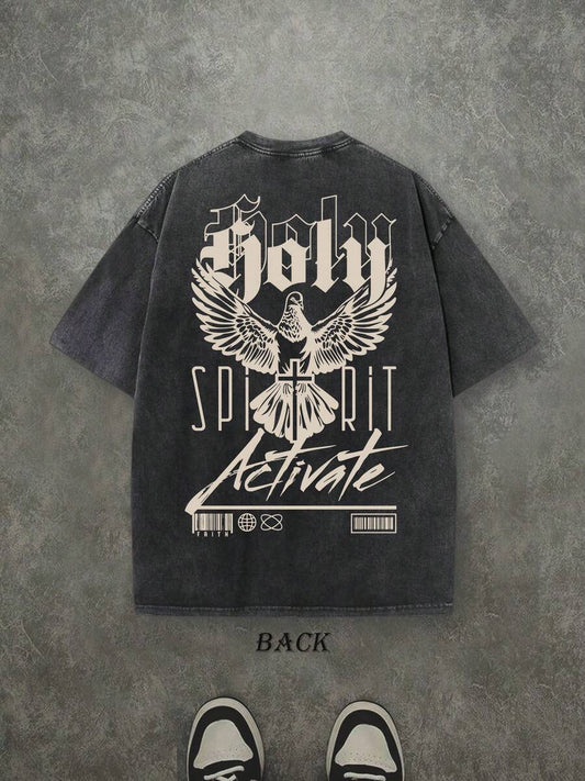 Holy Spirit Activate Retro Washed T-Shirt | Double-Sided Letter & Jonah Pattern Print 230 GSM Heavyweight Cotton Men's Street Tee