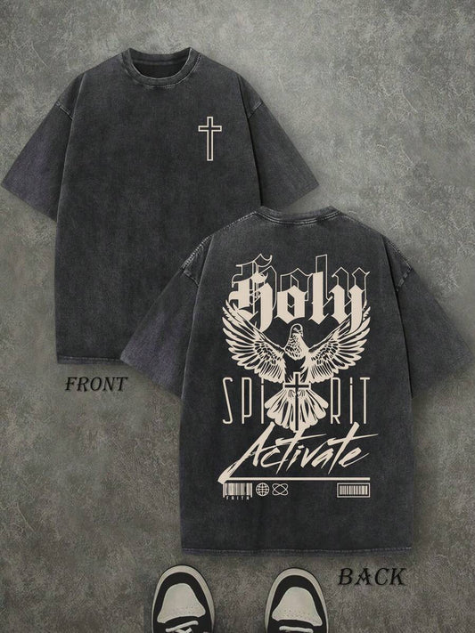 Holy Spirit Activate Retro Washed T-Shirt | Double-Sided Letter & Jonah Pattern Print 230 GSM Heavyweight Cotton Men's Street Tee