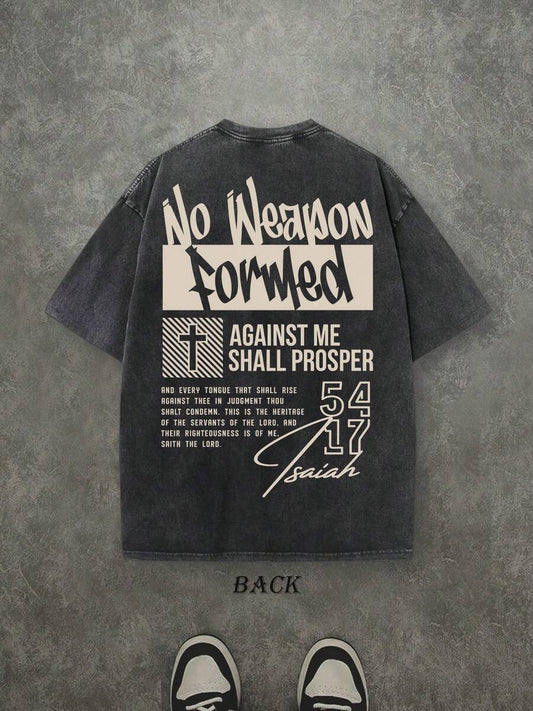 No Weapon Formed Against Me Shall Prosper Retro Washed T-Shirt | Double-Sided Letter & Cross Pattern Print 230 GSM Heavyweight Cotton Men's Street Tee
