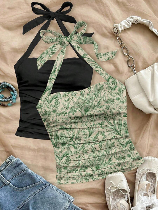 Firerie 2pcs Neck-Tied Floral Print Drawstring Ruched Backless Tank Tops For Women, Summer Suitable For Going Out