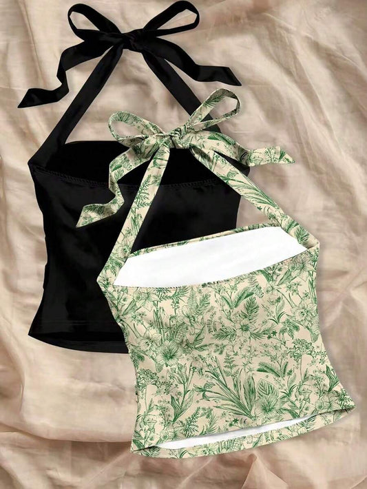 Firerie 2pcs Neck-Tied Floral Print Drawstring Ruched Backless Tank Tops For Women, Summer Suitable For Going Out