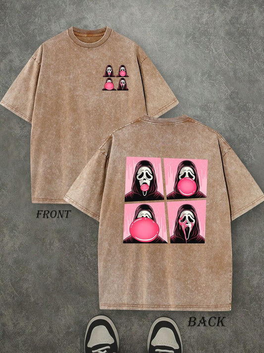 Ghost Face Bubble Gum Retro Washed Halloween T-Shirt | Double-Sided Horror Graphic Print 230 GSM Heavyweight Cotton Men's Street Tee
