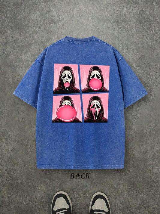 Ghost Face Bubble Gum Retro Washed Halloween T-Shirt | Double-Sided Horror Graphic Print 230 GSM Heavyweight Cotton Men's Street Tee