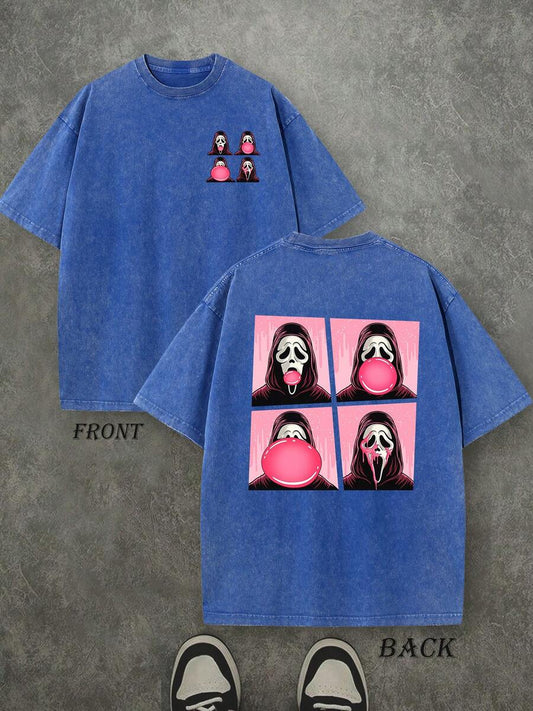 Ghost Face Bubble Gum Retro Washed Halloween T-Shirt | Double-Sided Horror Graphic Print 230 GSM Heavyweight Cotton Men's Street Tee