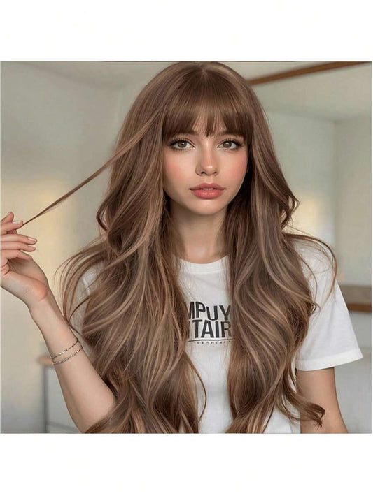 ✨ 28-Inch Elegant Brown Curly Wig with Bangs – Soft, Heat-Resistant Synthetic Wig