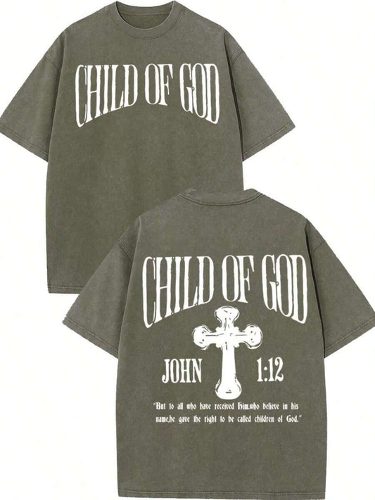 Child Of God Blesses You Cross Jesus 230G Washed T-Shirt | Retro Street Style Letter Pattern Faith Loose Soft Casual Summer Multi-Season Top