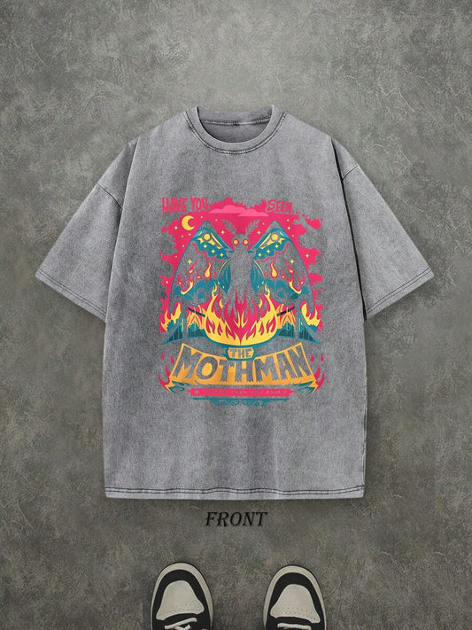 Mothman Cryptid Vintage Washed T-Shirt | Single-Sided Paranormal Graphic Print 230 GSM Heavyweight Cotton Unisex Street Tee