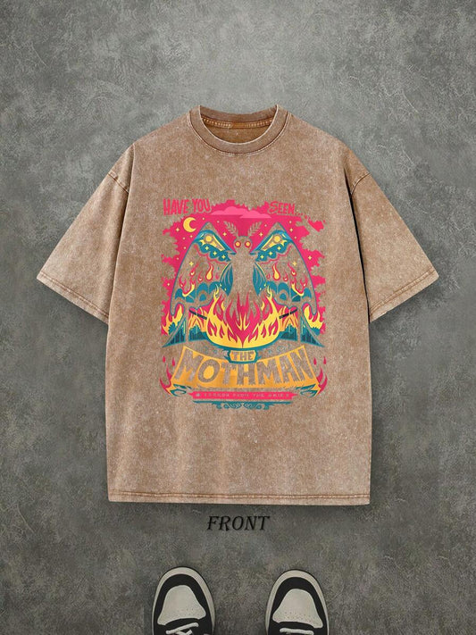 Mothman Cryptid Vintage Washed T-Shirt | Single-Sided Paranormal Graphic Print 230 GSM Heavyweight Cotton Unisex Street Tee