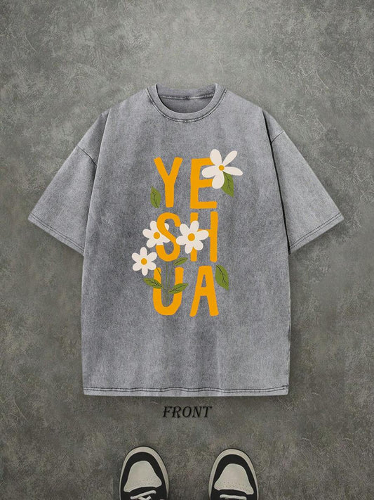 Yeshua With Flower Vintage Washed T-Shirt | Single-Sided Christian Floral Print 230 GSM Heavyweight Cotton Unisex Street Tee