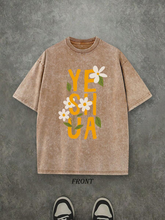Yeshua With Flower Vintage Washed T-Shirt | Single-Sided Christian Floral Print 230 GSM Heavyweight Cotton Unisex Street Tee