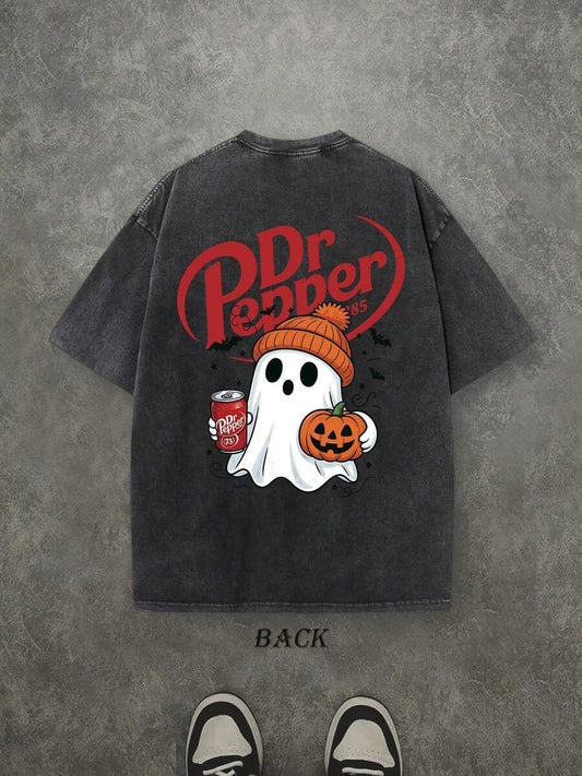 Dr. Pepper Ghost Cute Pumpkin Halloween Washed T-Shirt | Double-Sided Print 230 GSM Heavyweight Cotton Unisex Tee