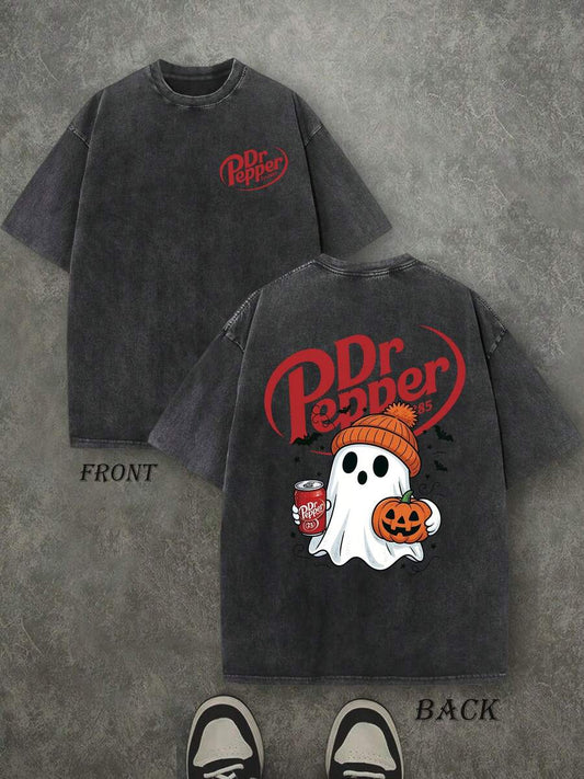 Dr. Pepper Ghost Cute Pumpkin Halloween Washed T-Shirt | Double-Sided Print 230 GSM Heavyweight Cotton Unisex Tee