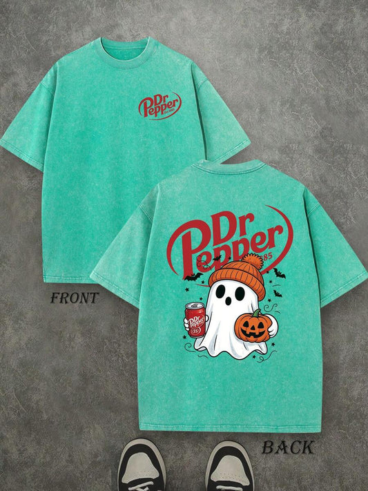 Dr. Pepper Ghost Cute Pumpkin Halloween Washed T-Shirt | Double-Sided Print 230 GSM Heavyweight Cotton Unisex Tee