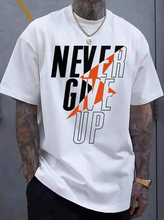 "Never Give Up" Bold Graphic T-Shirt | Men's White Orange Black 100% Cotton Stretch Fit Round Neck Short Sleeve Daily Casual Statement Top