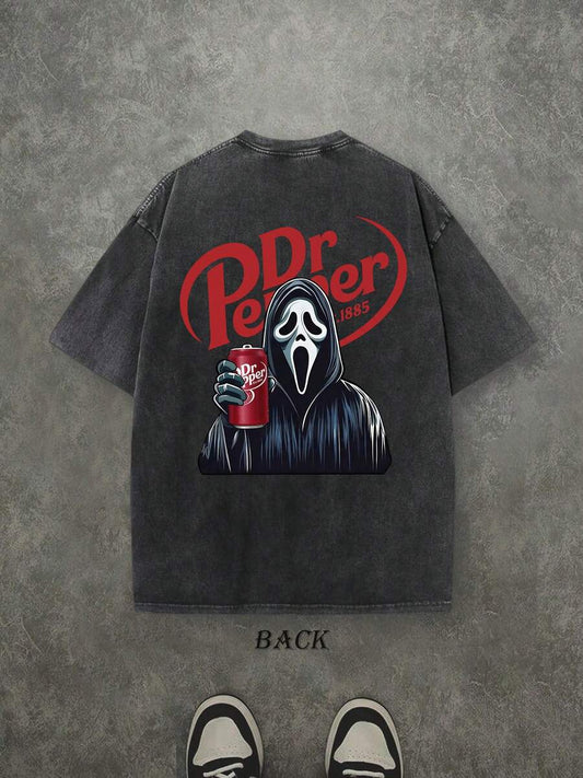Dr. Pepper Ghost Halloween Washed T-Shirt | Double-Sided GhostFace Print 230 GSM Heavyweight Cotton Unisex Tee