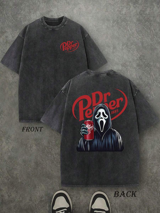 Dr. Pepper Ghost Halloween Washed T-Shirt | Double-Sided GhostFace Print 230 GSM Heavyweight Cotton Unisex Tee