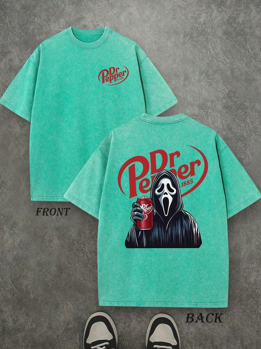 Dr. Pepper Ghost Halloween Washed T-Shirt | Double-Sided GhostFace Print 230 GSM Heavyweight Cotton Unisex Tee
