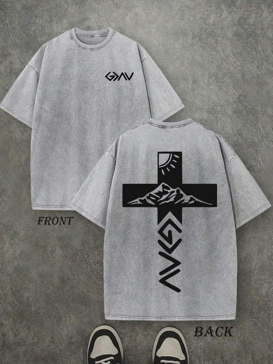 God Is Greater Than Our Highs And Lows Retro Washed T-Shirt | Double-Sided Letter Print 230 GSM Heavyweight Cotton Men's Street Tee