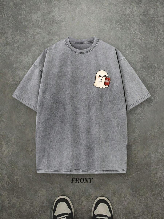Dr. Pepper Cute Ghost Halloween Washed T-Shirt | Vintage Retro Single-Sided Print 230 GSM Heavyweight Cotton Unisex Tee