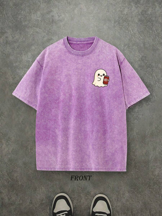 Dr. Pepper Cute Ghost Halloween Washed T-Shirt | Vintage Retro Single-Sided Print 230 GSM Heavyweight Cotton Unisex Tee