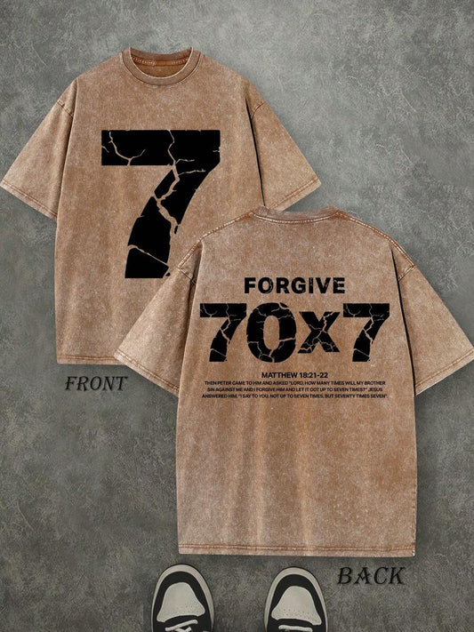 Forgive 70x7 Christian Washed T-Shirt | Vintage Retro Double-Sided 230 GSM Heavyweight Cotton Unisex Tee
