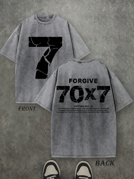 Forgive 70x7 Christian Washed T-Shirt | Vintage Retro Double-Sided 230 GSM Heavyweight Cotton Unisex Tee