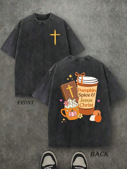 Pumpkin Spice And Jesus Christ Halloween Christian Washed T-Shirt | Double-Sided Print 230 GSM Heavyweight Cotton Unisex Tee