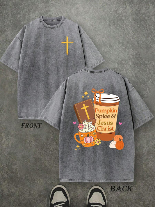 Pumpkin Spice And Jesus Christ Halloween Christian Washed T-Shirt | Double-Sided Print 230 GSM Heavyweight Cotton Unisex Tee