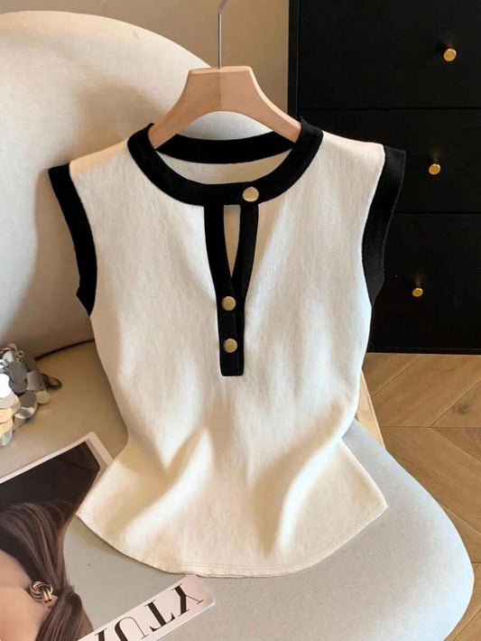 Firerie Summer Casual Contrast Color Trim Hollow Out Wide Shoulder T-Shirt