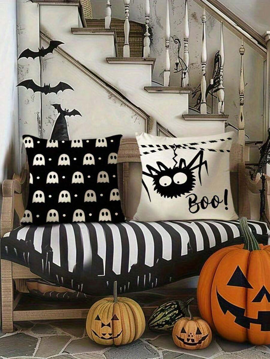 4pcs/1pc Halloween Party Decoration Pillow Covers – Ghost & Spider Web Design, 18×18 Inch