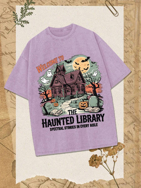 Halloween Haunted Library Ghost Pumpkin Bat Washed T-Shirt | Boutique Retro Street Style Letter Pattern Unisex Casual All-Season Vintage Top