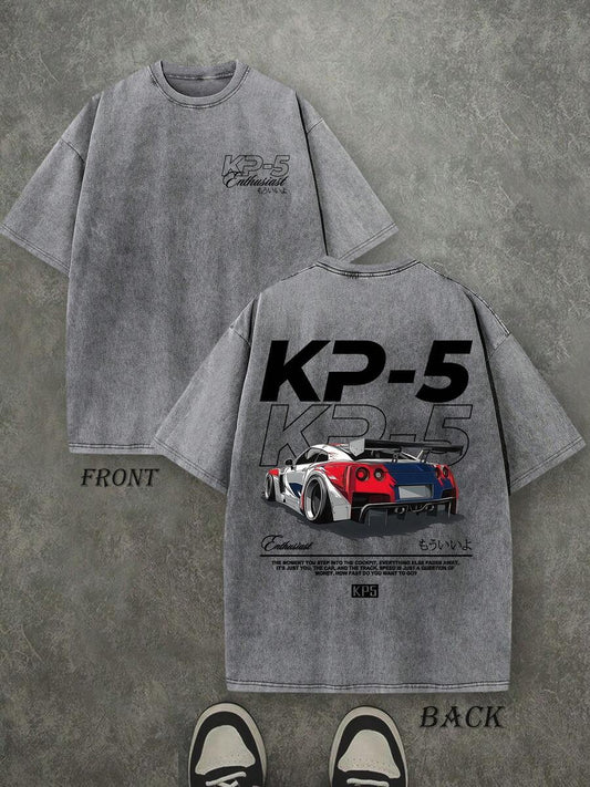 KP-5 Racing Retro Washed T-Shirt | Double-Sided Letter Print 230 GSM Heavyweight Cotton Men's Street Tee
