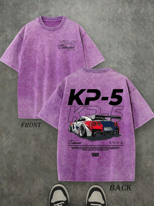 KP-5 Racing Retro Washed T-Shirt | Double-Sided Letter Print 230 GSM Heavyweight Cotton Men's Street Tee