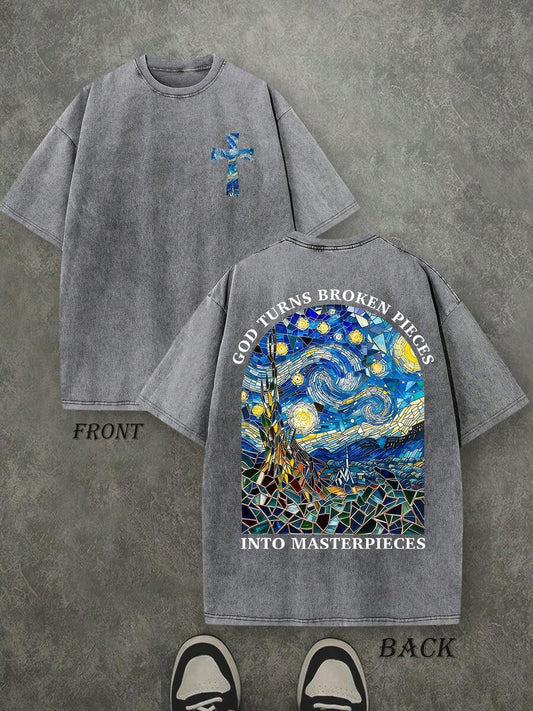 God Turns Broken Pieces Retro Washed T-Shirt | Double-Sided Letter Print 230 GSM Heavyweight Cotton Men's Street Tee