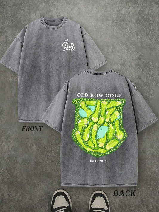 Golf Park Retro Washed T-Shirt | Double-Sided Letter & Golf Pattern Print 230 GSM Heavyweight Cotton Men's Street Tee