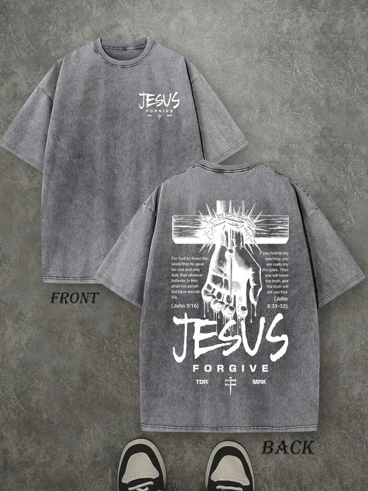 Jesus Forgive Retro Washed T-Shirt | Double-Sided Letter Print 230 GSM Heavyweight Cotton Men's Street Tee