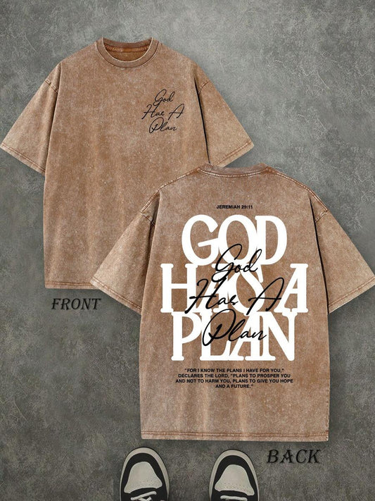 God Has A Plan Retro Washed Wide-Shoulder T-Shirt | Double-Sided Letter Print 230 GSM Heavyweight Cotton Unisex Street Tee