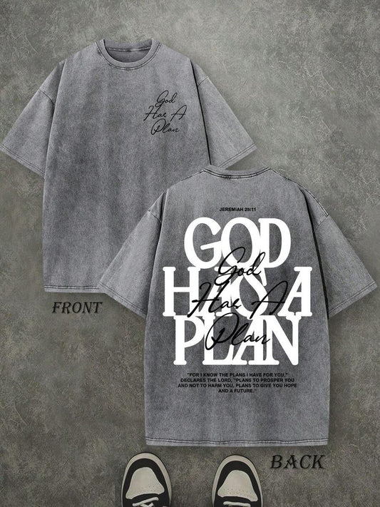 God Has A Plan Retro Washed T-Shirt | Double-Sided Print 230 GSM Heavyweight Cotton Men's Street Tee